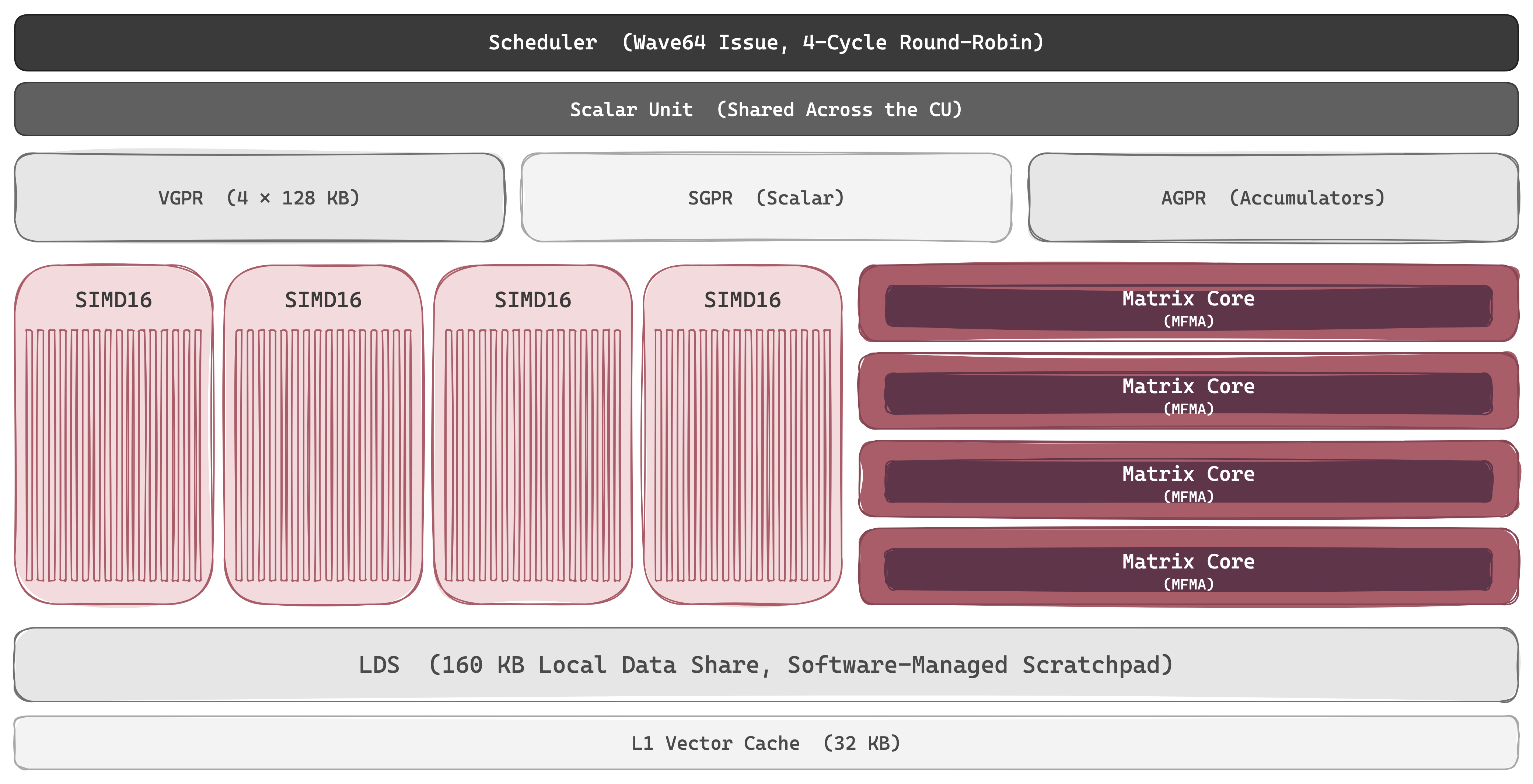 One Compute Unit in zoom — a single Scheduler dispatches wave64 wavefronts across four SIMD16 vector engines over four cycles; each SIMD has its own Matrix Core (MFMA) running matmul beside it. A shared Scalar Unit, three register files (VGPR / SGPR / AGPR), a 160 KB LDS scratchpad, and a 32 KB L1 vector cache complete the recipe — the same shape AMD has held since GCN in 2012.