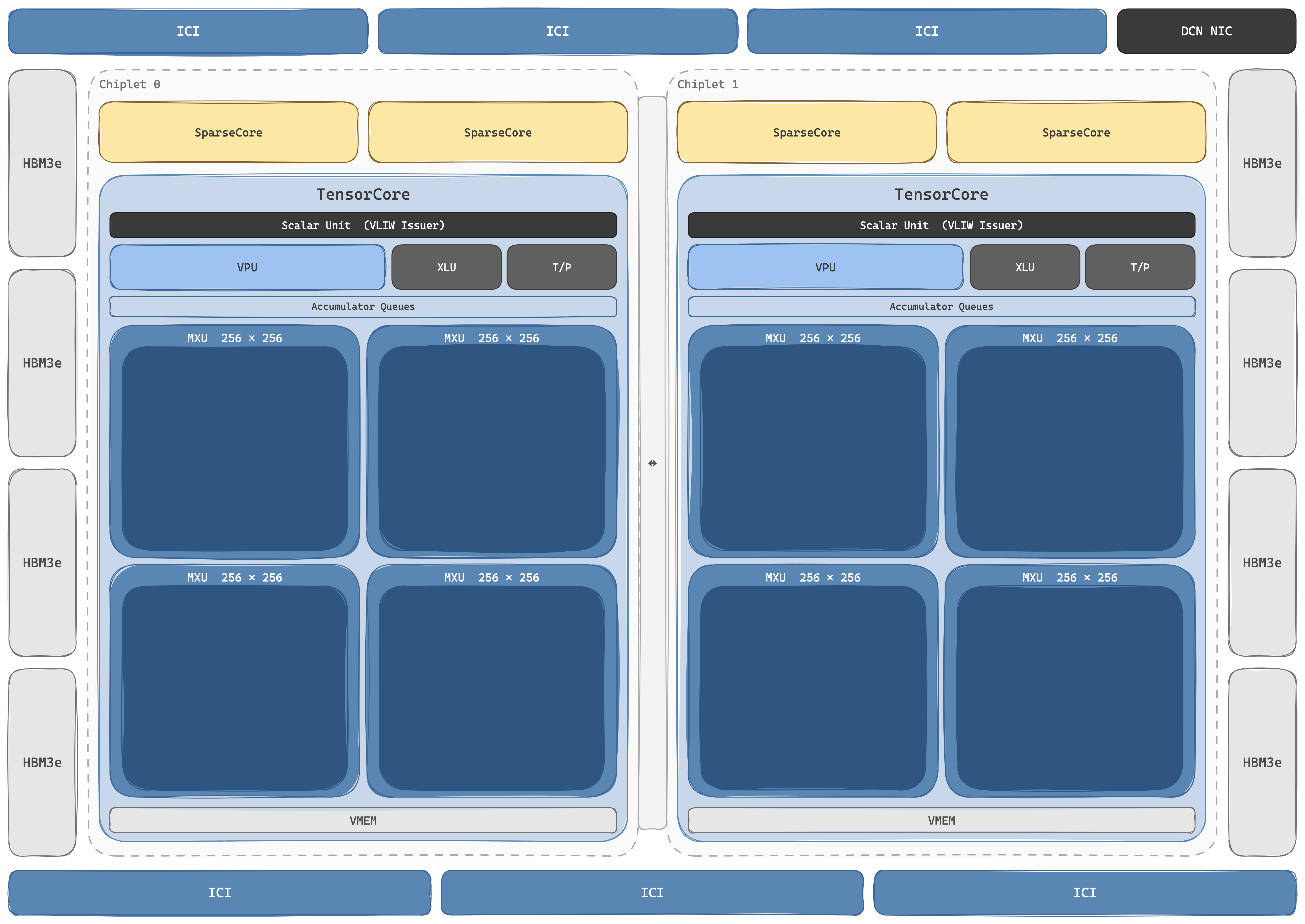 TPU Ironwood / v8t single-package floorplan — two compute chiplets sit side-by-side across a die-to-die bridge; each chiplet carries one TensorCore plus two SparseCore dataflow engines on top, flanked by HBM3e stacks. ICI ports run across the top and bottom for the 3D torus, with a small DCN NIC for scale-out at the top-right.