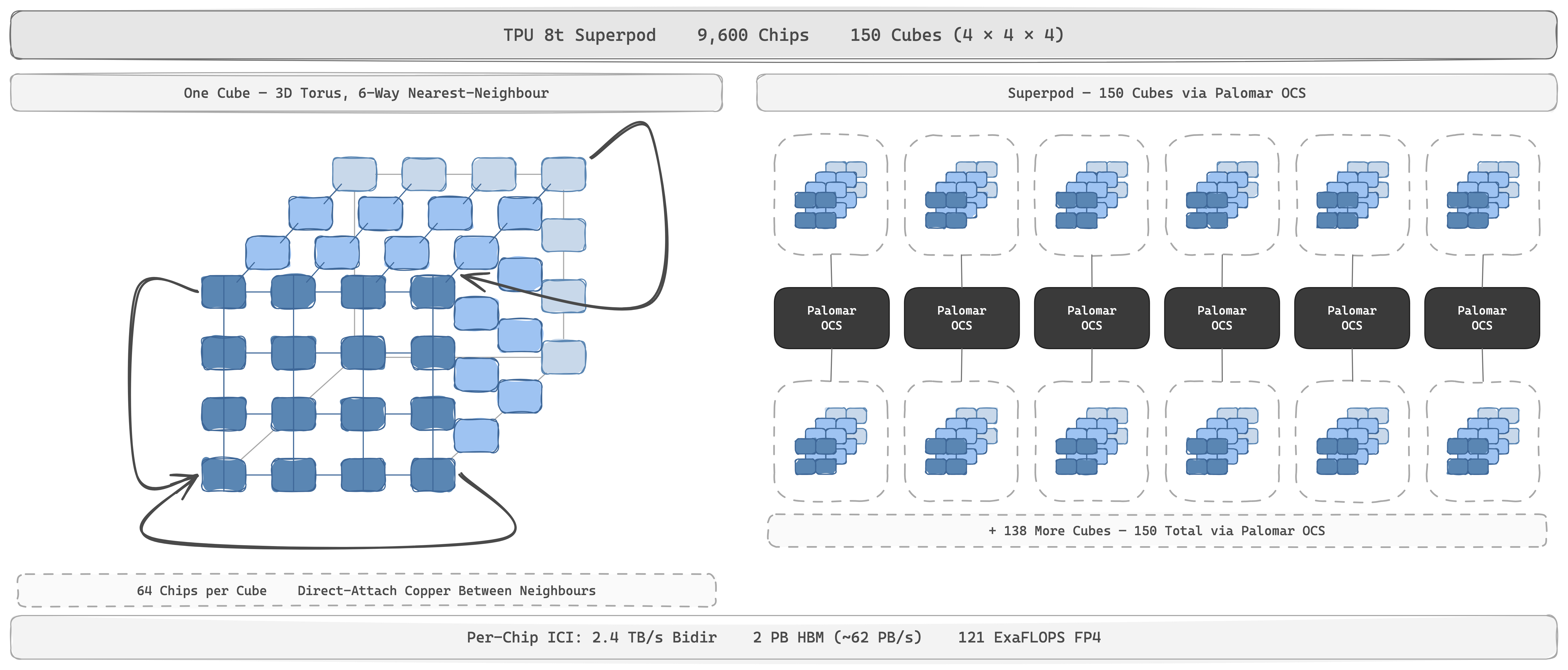 TPU Ironwood superpod — left: one cube of 64 chips (4×4×4) wired in a 3D torus with direct-attach copper between nearest neighbours and edge-wrap on each face. Right: 144 cubes stitched into one coherent ICI domain by Palomar OCS, the 3D-MEMS optical circuit switch that reconfigures the topology per workload.